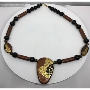 Gorgeous Large 22" Beaded Necklace Unique Large Pendant Bronze Brown Black Beads